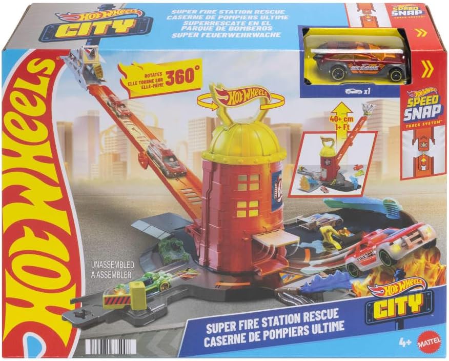 Hot Wheels City Super Fire Station Rescue Playset &amp; 1:64 Scale Toy Car, Track Extends 16?